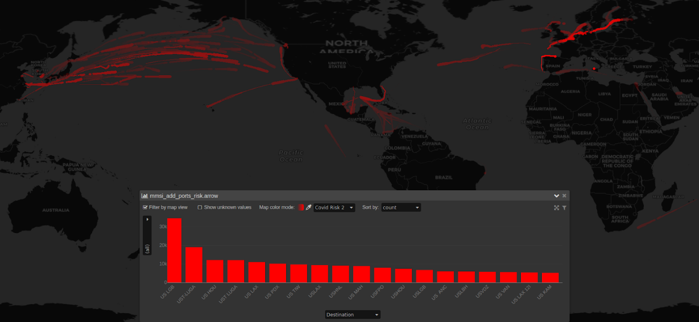 US-bound vessels color ramped by their potential COVID19 risk