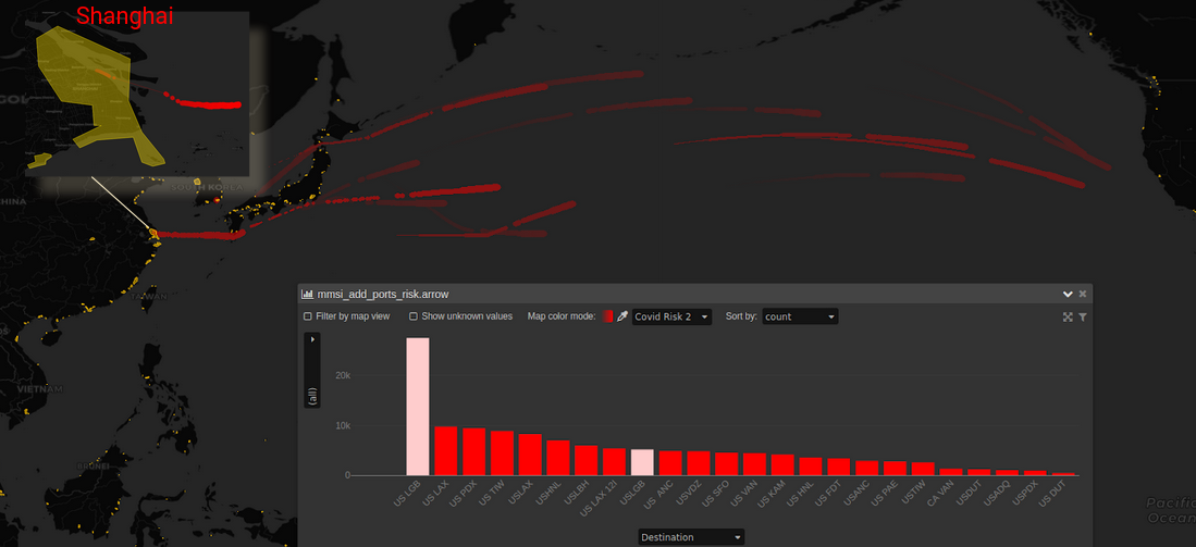 Vessels with a destination of Port of Long Beach color ramped by their potential COVID19 risk
